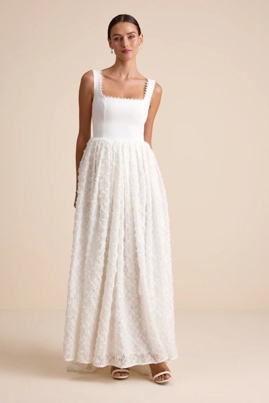 NEW ELLIATT Ellsworth Bridal Luxe Ivory Mixed-Media Pearl A-Line Maxi Dress S